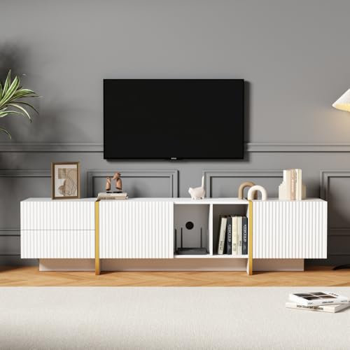 OCACA Eleganter weißer Hochglanz-TV-Schrank, Lowboard,TV-Board, TV-Kommode,mit Schublade, Tür verstellbaren Füßen und Kabelmanagement (Weiß,190 * 35 * 45.5 cm)