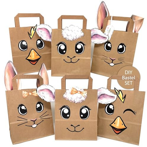 TOBJA Ostertaschen DIY Set - 6 XL Kraftpapier-Tüten mit süßen Tiermotiven | Osternest Basteln für Kinder & Familie | Perfekt als Oster Geschenktüten, Osterhasen Tüten zum Befüllen, Ostertüten Papier