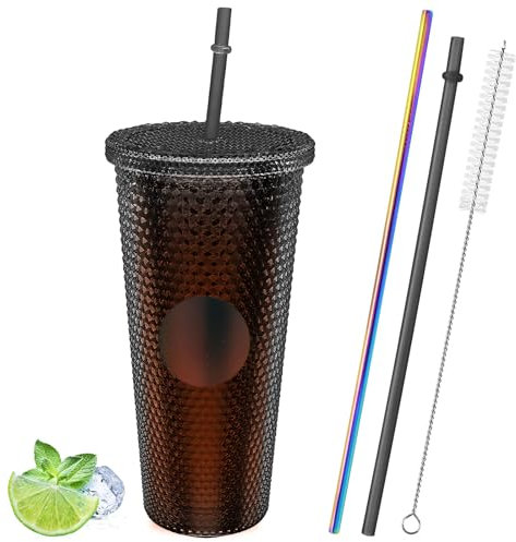 710ml Nieten Becher, Kaltbecher aus Kunststoff, Doppelwandiger Kaffeetasse mit Deckeln, Trinkbecher mit 2 Strohhalmen & Reinigungsbürste, Reisebecher To Go für Wasser Eiskaffee Getränke (Schokolade)