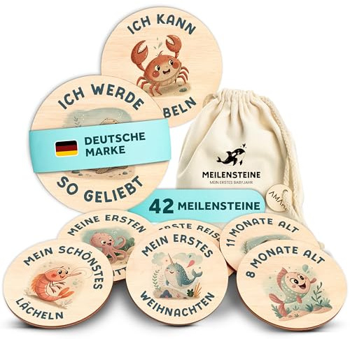 AMARI ® Meilensteinkarten Baby aus Holz (42 Stück) - Baby Geschenk zur Geburt - Babyparty Deko, Babygeschenk Junge Mädchen, Babygeschenke, Geschenk Geburt Neugeborene Babyshower (Bunt)