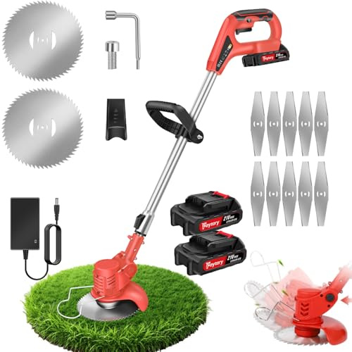 Akku-Rasentrimmer, 21V Akku-Trimmer Einstellbarer Kopfwinkel, 2 x 1500mAh Wiederaufladbare Batterie, Verstellbarer Griff 84-120cm, Elektrischer Rasentrimmer für Rasen Garten Beschneiden, Rot