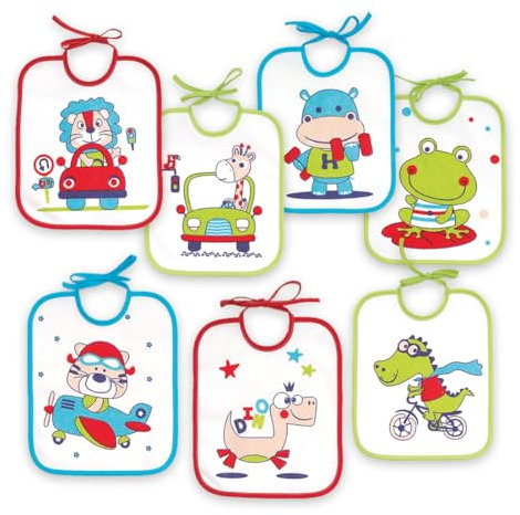 Ti TIN Pack 7 baberos bebé impermeables con rizo de algodón plastificado, forro de vinilo y cierre con cintas. Suaves, absorbentes y fáciles de lavar. Diseños divertidos.