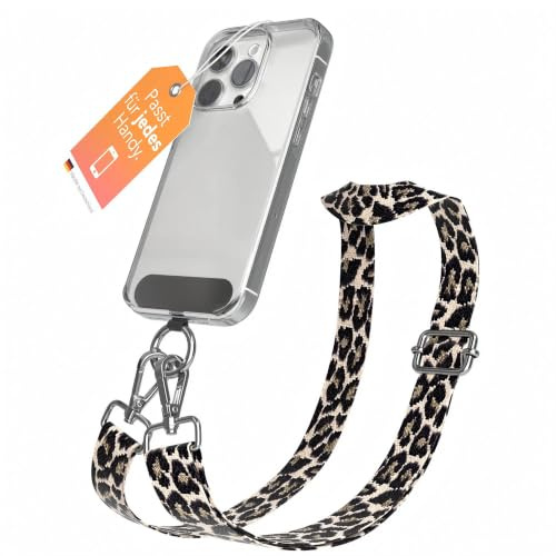 EAZY CASE - Handykette Universal zum Umhängen kompatibel mit jedem Handy Kette mit Hülle kombinierbar Handykordel Karabiner für Handyhülle Handyband zum Umhängen Leo - Schwarz Taupe Silber