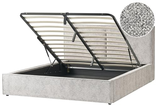 Beliani EU Super King Size Bed Frame 6ft Knit Velour Fabric Upholstery Slatted Base Storage Ottoman Black and White Moissac