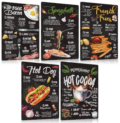 5er Set Retro Küche Blechschild mit Essen Rezept Guide 20x30cm - SPAGHETTI,HOT DOG,FRENCH FRIES,EGGS Bacon,HOT COCOA - Metall-schild Wanddeko Geschenk für Restaurant Esszimmer Frau(B)
