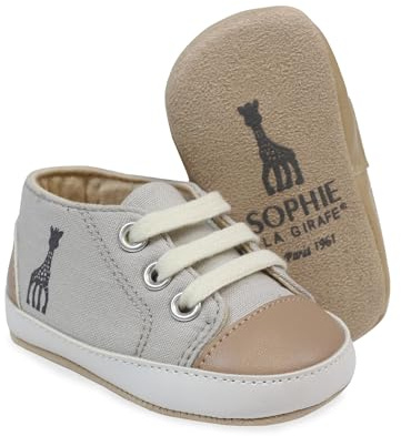 Sophie La Girafe - Chaussures Bébé Naissance Souple - Baskets Nouveau-Né - Grande Ouverture Lacet - Gris - Beige - Mixte - 0/3 Mois