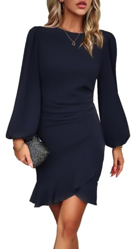 HUXRAKV Femme Elégante Robe d'affaires Manches Longues Bodycon Vintage Ruffle Manches Robe Midi de Soirée Formelle