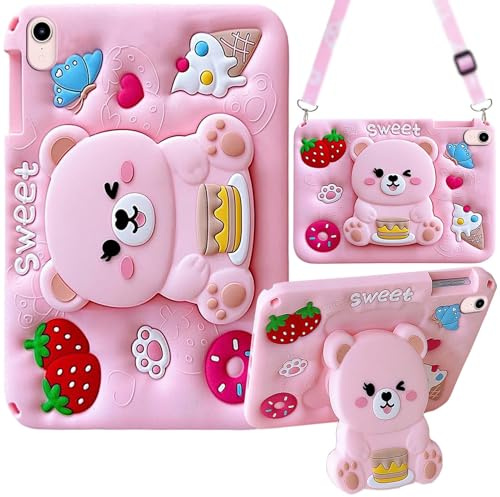 Bambini Cover per iPad Mini 7 A17 Pro 8,3 Pollici 2024, iPad Mini 6a Gen 2021 8,3 Pollici Case, Custodia Morbida in Silicone Antiurto con Portamatite, Carino Supporto Pieghevole, Tracolla