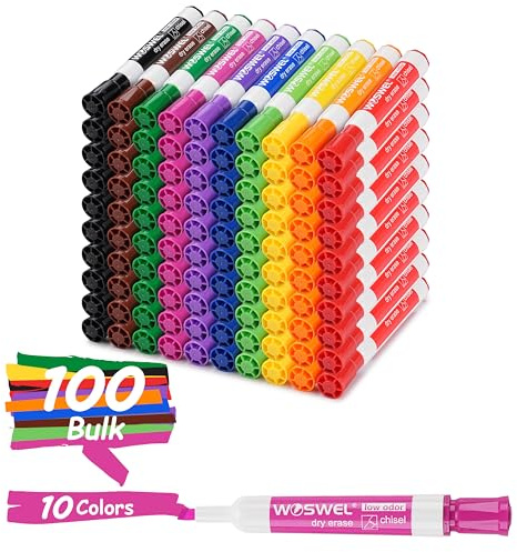 WOSWEL Dry Erase Markers, Chisel Tip Whiteboard Markers, Low Odor Thick Dry Markers, 100 Bulk 10 Assorted Colors for Kids/Teachers, Classroom, Office & Home Use