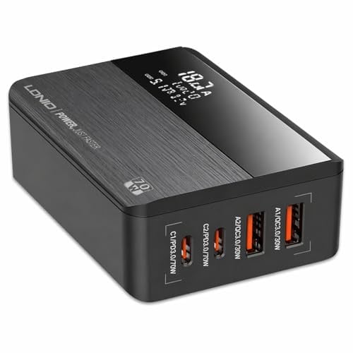 MANTO 70W USB C Ladegerät mit LED Anzeige, GaN Schnellladegerät 4 Port mit 2 USB-C & 2 USB-A, USB Netzteil für Laptop, MacBook Air, iPhone, iPad, Samsung, Kompaktes Ladegerät