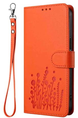 WBWONE Wallet Case for Sony Xperia 1 VII, Premium Leather Cover with Elegant Floral Design, Magnetic Buckle Stand Shell & Shockproof Bumper - Orange