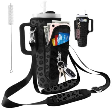 bolimoss Stanley Cup Bag with Phone Pocket Leopard Cheetah Print Insulated Neoprene Water Bottle Holder Pouch with 2 Adjustable Straps & 3 Pockets Stanley Accessories Fits 40 oz Tumbler for Hiking