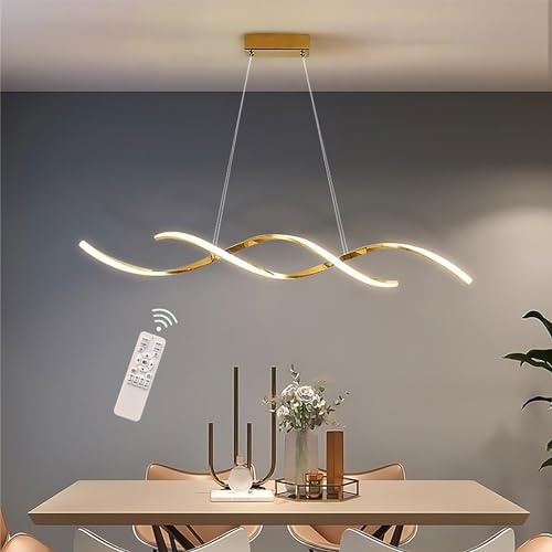 Hsyyz LED Esstisch Pendelleuchte,Dimmbare Küche Hängeleuchte mit Fernbedienung, Modern Wellenförmig Design,Höhenverstellbar Esstischlampe, Kronleuchter für Wohnzimmer Küche Bar (Vergoldet, 90cm/30W)