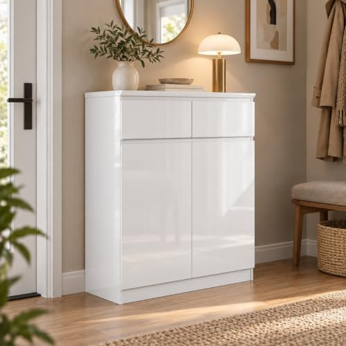 Aufbewahrungsschrank, Aktenschrank, Mehrzweckschrank, Büroschrank mit 2 Türen, Schrank abschließbar, Arbeitszimmer, Wohnzimmer，Weiß Hochglanz mit 2 Türen & 2 Schubladen, 80×40×103 cm