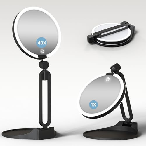 Specchio ingranditore con illuminazione 40X/1X, specchio da trucco da viaggio con luce e ingrandimento 40x, illuminazione dimmerabile a 3 colori, ricaricabile, doppio lato da 15 cm, pieghevole