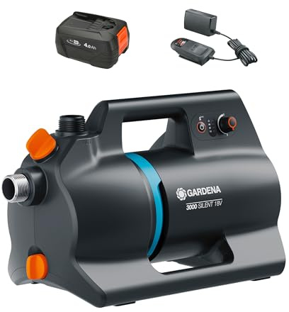 Gardena Pompe de jardin sur batterie 3000 Silent 18V P4A - Kit prêt à l'emploi: Puissante, Fonctionnement silencieux, Boîtier protégé contre la pluie et les rayons UV (14610-20)