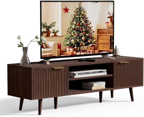 YLGJ&TIDY 140CM TV Unit Wooden TV Stand Cabinet Modern TV Unit with Storage 2 Open Storage Spaces & 2 Cabinet TV Console for Living Room Bedroom Entertainment Room (Dark Brown, 140CM)