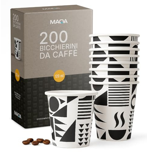 MAQA - 200 Bicchierini Caffè Carta, 120ml COMPOSTABILI PER ESPRESSI MACCHIATI - Bicchieri Caffe Monouso Ecologici, Resistenti al Calore, Riciclabili, Ideali per Espresso, Casa, Eventi e Ufficio