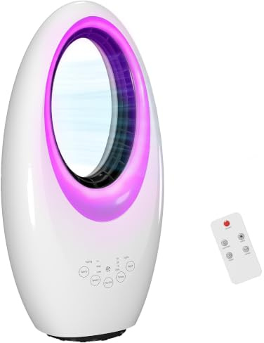 HOMCOM Bladeless Tower Fan, 22.5 Standing Cooling Fan with 60° Oscillating, LED Lights, 3 Speeds, 7.5H Timer, Remote Control for Bedroom, White