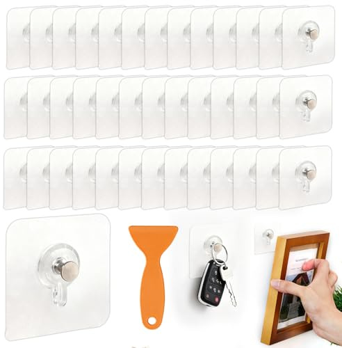 40 Pcs Self-Adhesive Picture Hooks, Nail-Free Stickers Transparent Heavy Duty No Nails Picture Hooks Wall Hangers with Free Scraper for Bathroom, Kitchen, Frames & Photos
