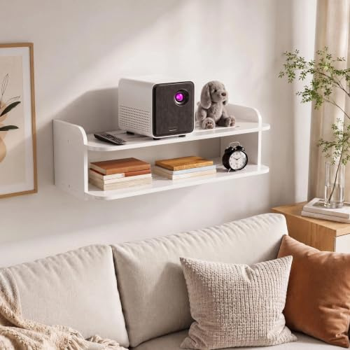 Hoteam 2-Tier Projector Shelf for Wall, Floating Wall Mount Projector Shelf, No Drill Floating White Rack Holder for Router, TV Accessories, Game Console DVD Players, Cable Boxes