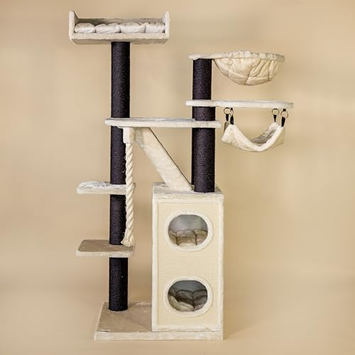 RHRQuality Scratching Post for Large Cats - Cat Penthouse Crown - Blackline Light Grey - with extra thick 12 cm sisal posts - XXL Scratching Tower