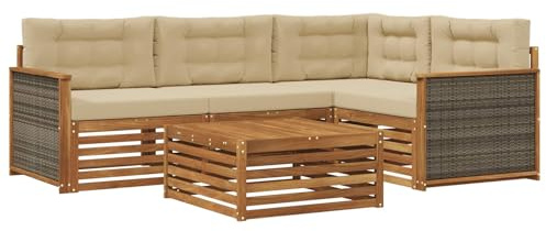 vidaXL Outdoor-Sofagarnitur mit Kissen 5 pcs Natur und Beige, Patio Loungeset, modernes Sofa für draußen, wetterbeständiger Gartenspaß, Bequeme Terrassenmöbel