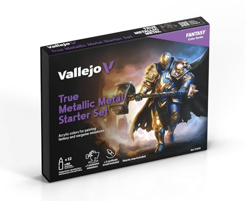 Vallejo True Metallic Metal Starter Set - Metallic-Farbe für Miniaturen - 12 Farben à 18 ml + Pinsel + exklusives Miniatur