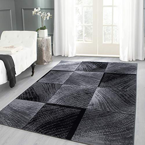 Carpettex Wohnzimmer Teppich Kurzflor 80 x 150 cm - Läufer Flur Schwarz Modern Kariert - Schlafzimmer Flauschig Weich Waschbar - Küchenteppich Esszimmer