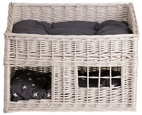 e-wicker24 Rechteckige Katzenhütte in Naturfarbe, Katzenkorb aus Weide, Korb für die Katze mit Zwei Etagen, Katzenlager mit Kissen und Fenster (Creme, Grau)