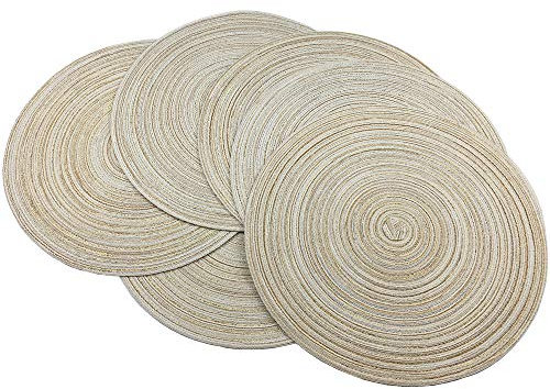 WAZAIGUR Red-A, Tischsets, runde Platzsets für Esstisch, 6 Stück, gewebt, hitzebeständig, rutschfest, Durchmesser 35,6 cm (Creme mit Goldener Seide)