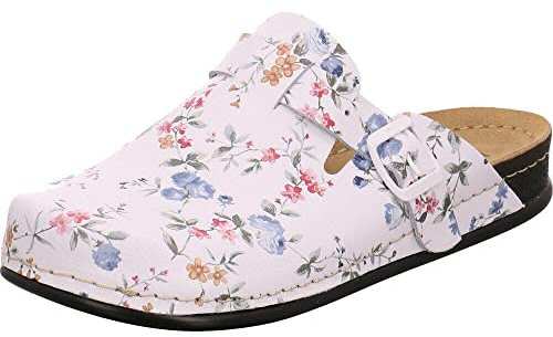 Dr. Feet Damen Pantolette aus Leder in Weiß mit Blumen Prints und Anatomic Fußbett. weiß Gr. 36