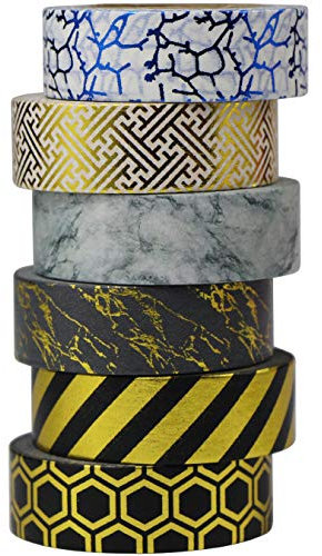 aufodara Washi Tape, 6er Gold Schwarz Klebeband Masking Tape Dekorative DIY Scrapbooking, Jede Rolle 15mm x 10M