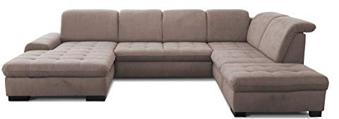 CAVADORE Wohnlandschaft Lexi / Große U-Form mit XXL-Longchair links & Federkern / Leichte Fleckenentfernung dank Soft Clean / 329 x 82 x 224 / Flachgewebe: Hellbraun