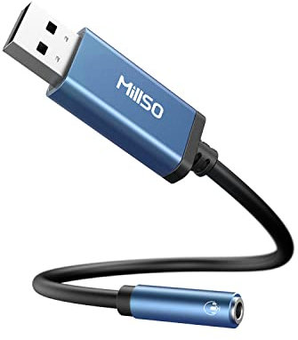 MillSO Klinke auf USB Adapter USB Soundkarte Extern auf 3.5 mm 4-polige TRRS Buchse (Audio und Mikrofon), Aux Audio Konverter Adapter für Kopfhörer, Lautsprecher, PC, Laptop, Desktop, PS4, PS5, 28cm