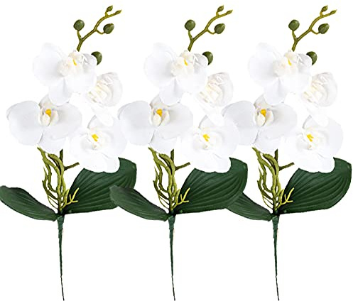 HAOSHICS Künstliche Phalaenopsis-Blumen, künstliche Orchideen, fühlen sich echt an, für Tischdekoration, Zuhause, Hochzeit, Party, Dekoration, 4 Köpfe, weiß, 3 Stück, Four Heads White