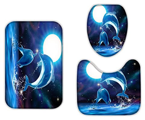 RLYXGS Universum Badezimmermatten und Teppiche 3-Teiligs Set Delfin Flanell Memory Foam rutschfeste Matten und Badteppich,Ozean Toilettendeckelabdeckung,Badvorleger Badgarnitur WC Vorleger