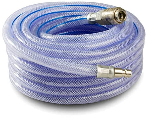 10 m / 33 ft Air Compressor Recoil Hose - 8 mm ID x 12 mm OD Reinforced PVC - Anti-Kink Pneumatic Hose with DN 7.2 Brass Quick Coupler and Plug - Flexible Lightweight Airline for Workshop, Garage