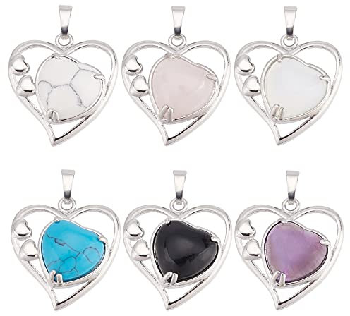 PH PandaHall Ciondoli con Pietre Preziose A Forma di Cuore, 6 stile Cristallo Naturale Pietra Sintetica Ciondoli Quarzo Rosa Ametista Charms per Collana Braccialetto Gioielli Fare Festa Della