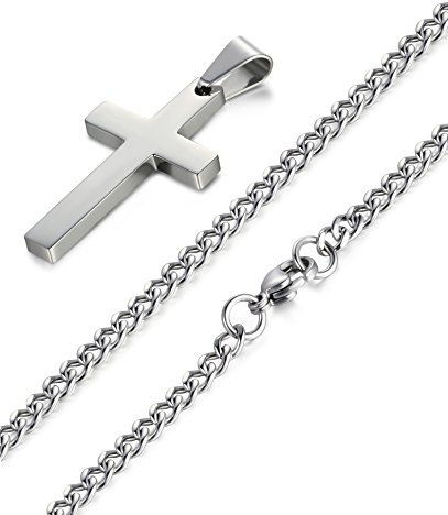 JeryWe Edelstahl Herren Kette mit Anhänger Silber Kreuz Kette Einfach Kreuz Halskette 56cm/61cm 35 * 20 * 3mm Kreuz, 22 Zoll Kette