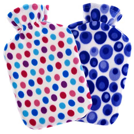 2 x Hot Water Bottles with Soft Fleece Cover - Natural Rubber 2 Litre Capacity - (Dotty Designs)