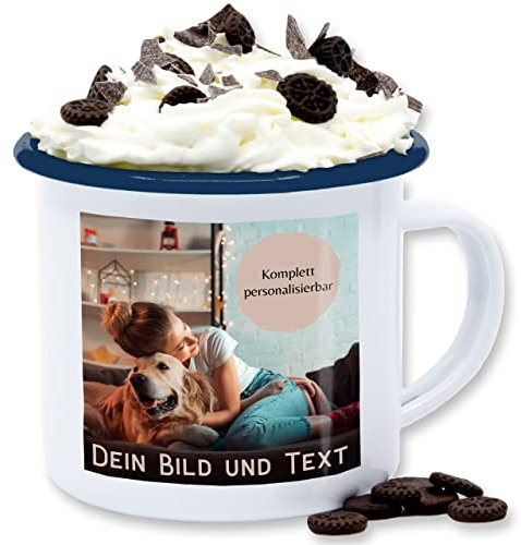 Emaille Tasse Blechtasse - eigenem - Foto Bild Geschenk I Dein Bild und Text - 300 ml - Weiß Blau - fototasse bildtasse selbst drucken photo tassen gestalten bilder personalisiertes fotos