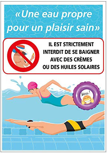 Panneau piscine eau propre pour un plaisir sain. Interdiction de baignade avec crèmes et huiles de bain adultes (S_H0524) - 210 x 300 mm - Aluminium 2 mm - Aluminium 2 mm -