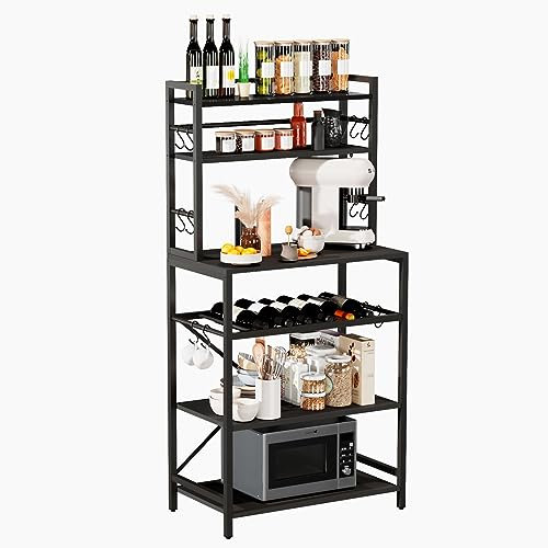 YMYNY Étagère de Cuisine, Meuble de Rangement à 6 Niveaux avec 12 Crochets en S, Style Industriel Étagères de Stockage pour Four à Micro-Ondes, Cadre en Acier, 58 x 39 x 144CM, Noir HBR003B