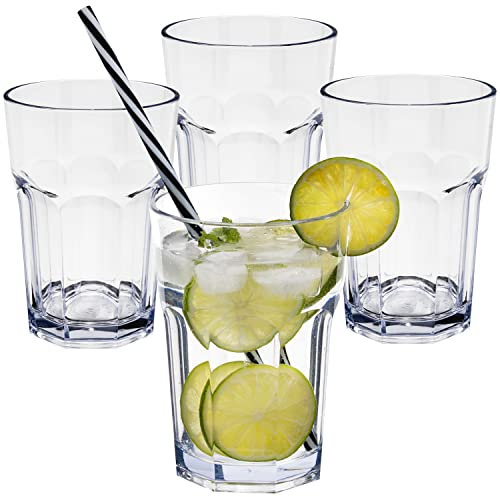 4X Campingglas aus Acryl 400ml klar - Trinkglas Acrylglas Wasserglas Kunststoff Camping Garten Echtglasoptik Picknick Becher Kinder Senioren Longdrink Coktail