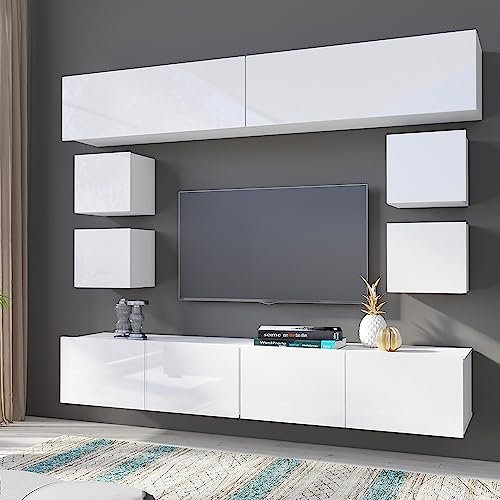 Lomadox Wohnwand Anbauwand weiß Hochglanz 8-teilig Modern, mit 2 TV-Lowboards, 4 Regalwürfel, 2 horizontale Hängeschränke