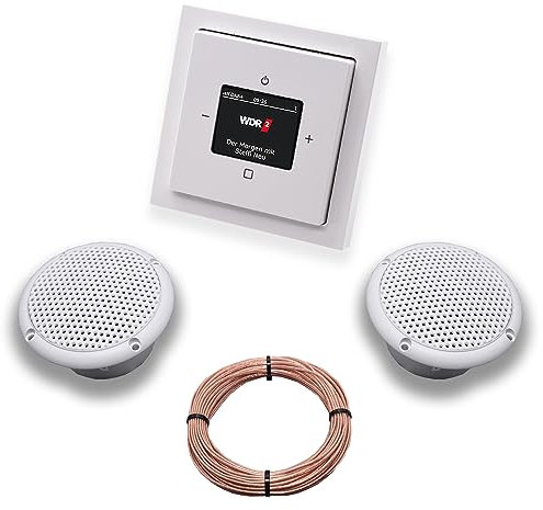 Busch Jäger DAB+ (DAB PLUS) Unterputz Radio 8215U-101 Future Linear Studioweiß, Komplett-Set mit 2 x Decken Feuchtraumlautsprecher/Badezimmer + 20 m Lautsprecherkabel 2x0,75 mm2 8215U