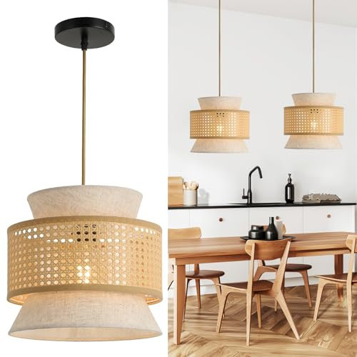 Pendant Light Rattan+Fabric, Vintage Pendant Light, Boho Rattan Ceiling Light Ø29 cm, Hanging Lamp E27 max.60W for Dining Room Living Room Bedroom Hallway Kitchen Island - Brown/White