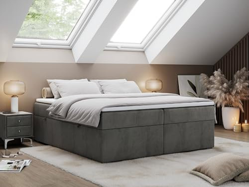 MKS MEBLE Boxspringbett 180x200 Mit Bettkasten, Niedriges Kopfteil - Polsterbett Bess - Dunkelgrau Velvet - H3