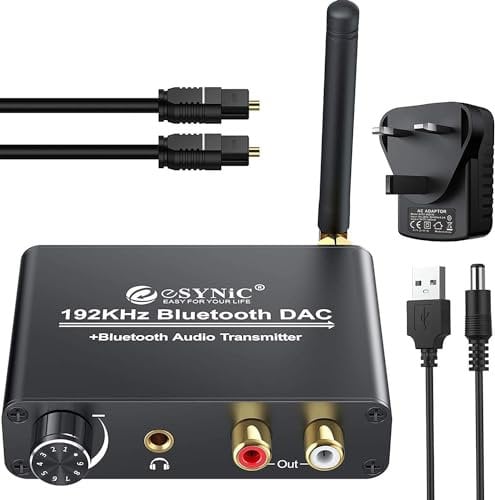 eSynic Trasmettitore DAC Bluetooth 192kHz V5.0 Convertitore Bluetooth Trasmette con Regolazione del Volume Convertitore Audio Digitale ad Analogico con L/R & 3.5mm Output Supporta